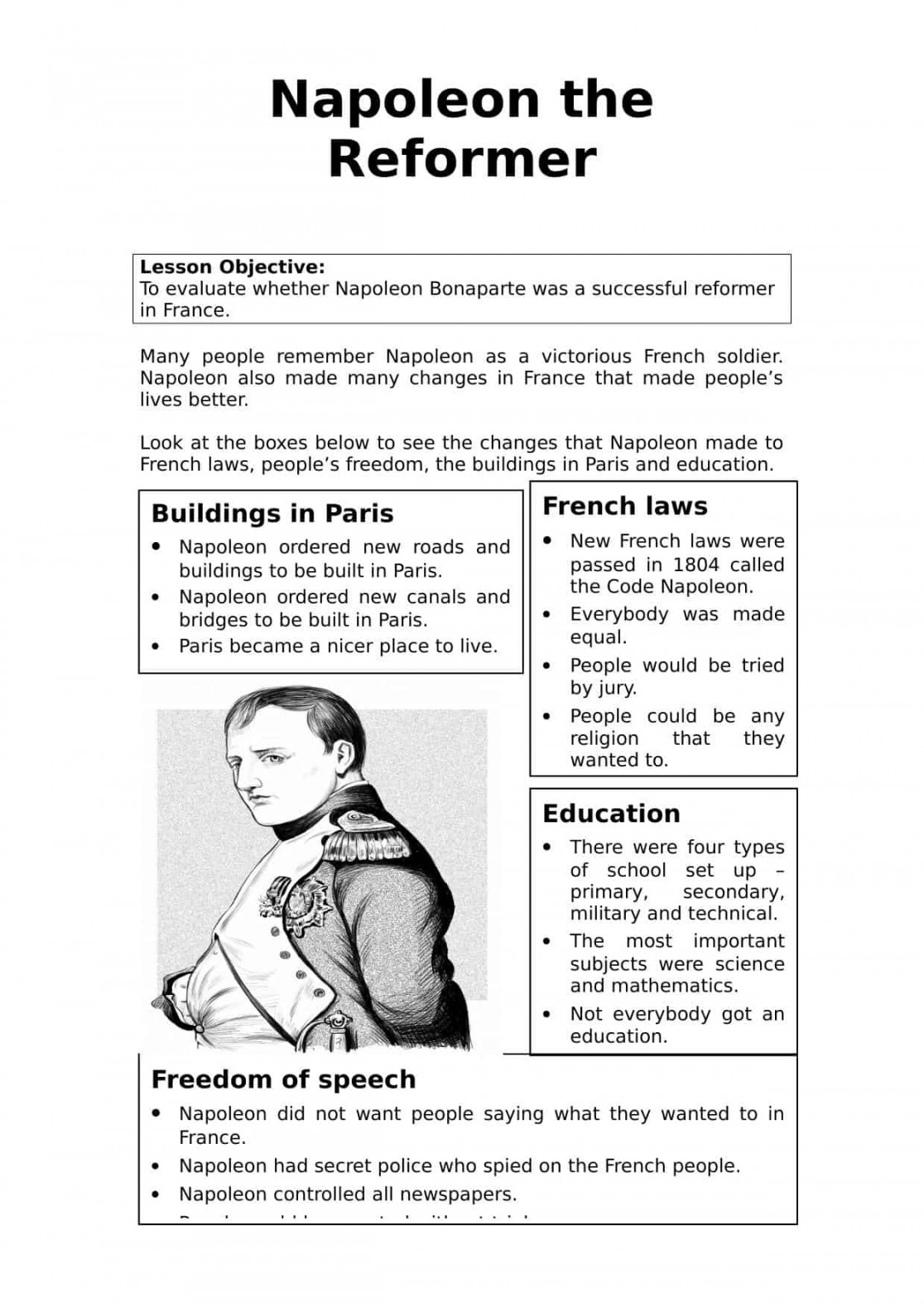 Napoleon the Reformer Worksheet  History Lessons & Resources