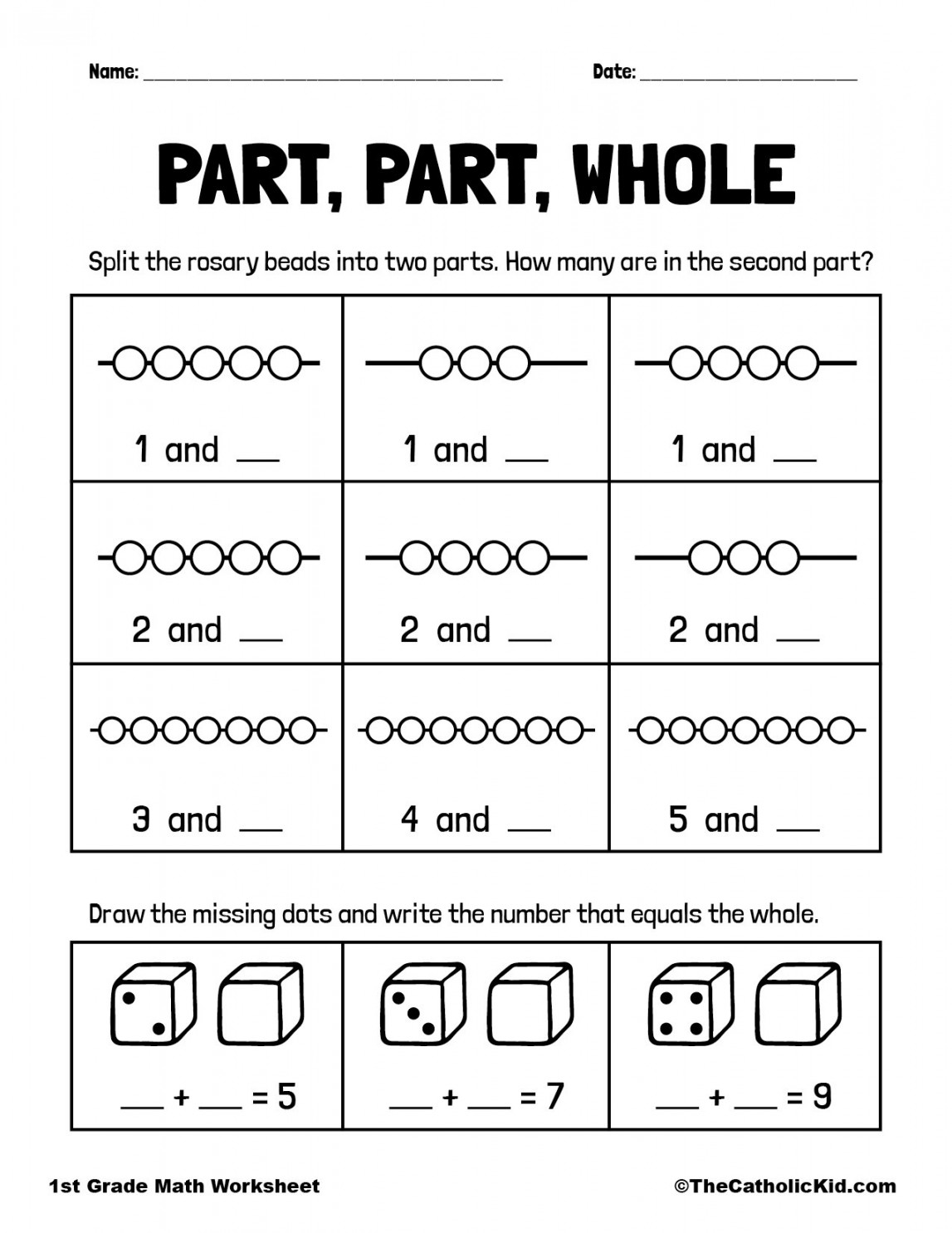 Part, Part, Whole Fractions - st Grade Math Worksheet Catholic