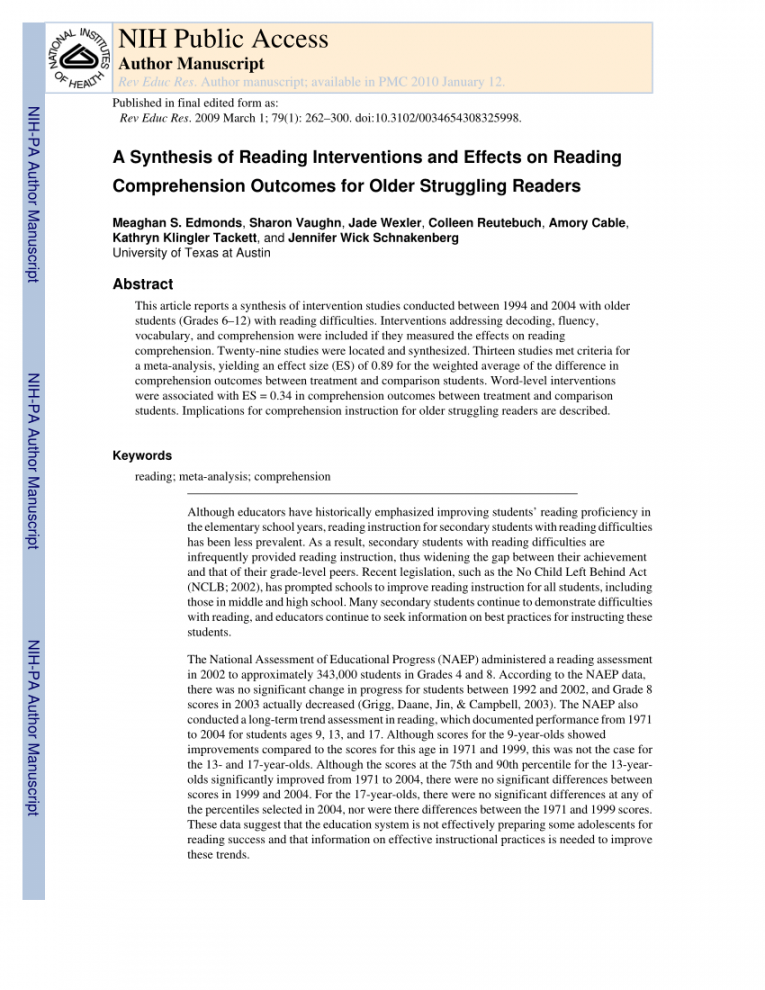 PDF) A Synthesis of Reading Interventions and Effects on Reading