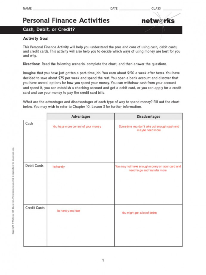 Personal Finance Activities: Cash, Debit, or Credit?  PDF  Debit