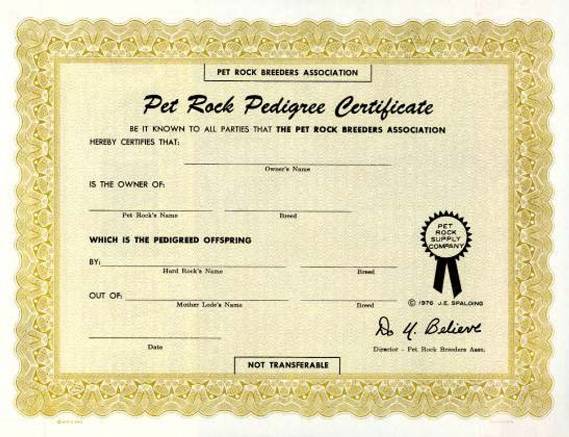 Pet Rock Supply Company - Original Pet Rock Certificate