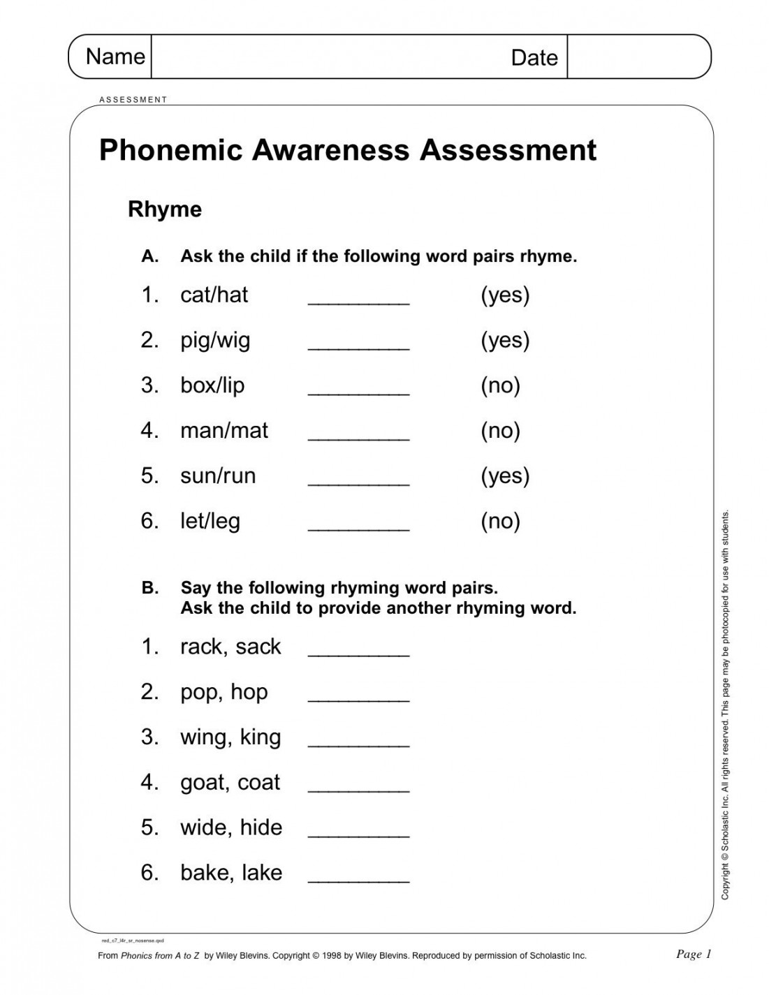 Phonemic Awareness Assessment page  from Scholastic- Teacher