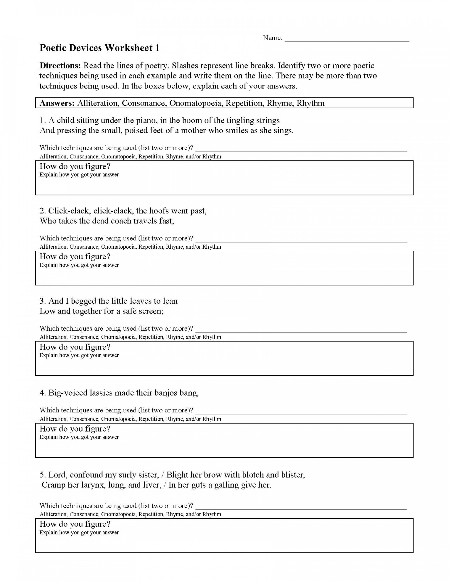 Poetic Devices Worksheet   Reading Activity