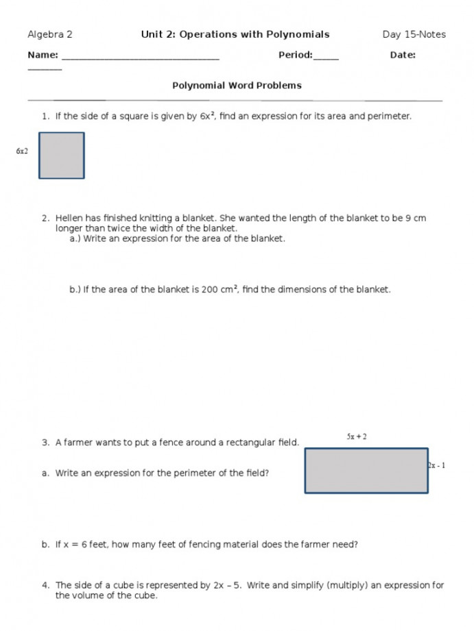 Polynomial Word Problems Worksheet  PDF  Area  Field (Mathematics)