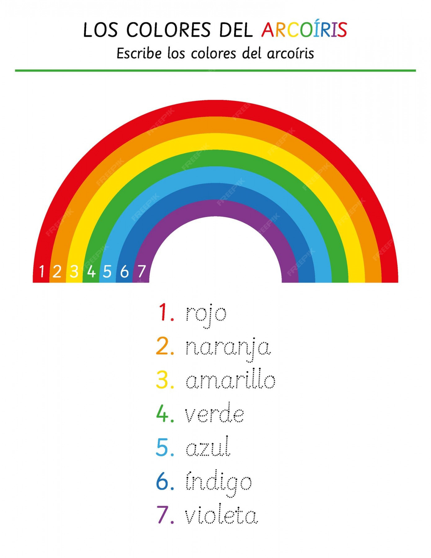 Premium Vector  Colors of the rainbow in spanish worksheet