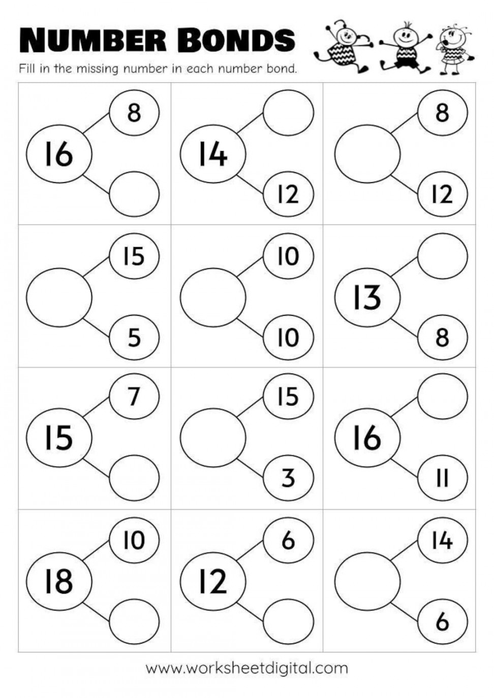 Printable Number Bonds Math Worksheets, Numbers  to