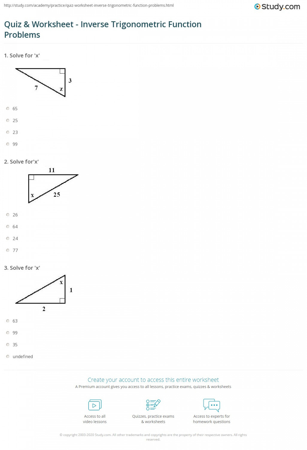 Quiz & Worksheet - Inverse Trigonometric Function Problems  Study