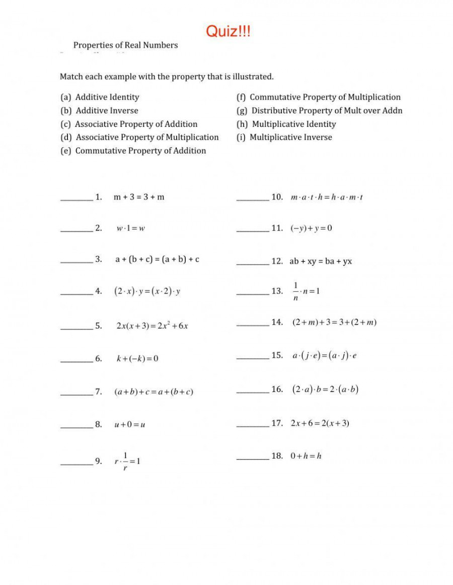 Quiz - Properties of Real Numbers worksheet  Live Worksheets