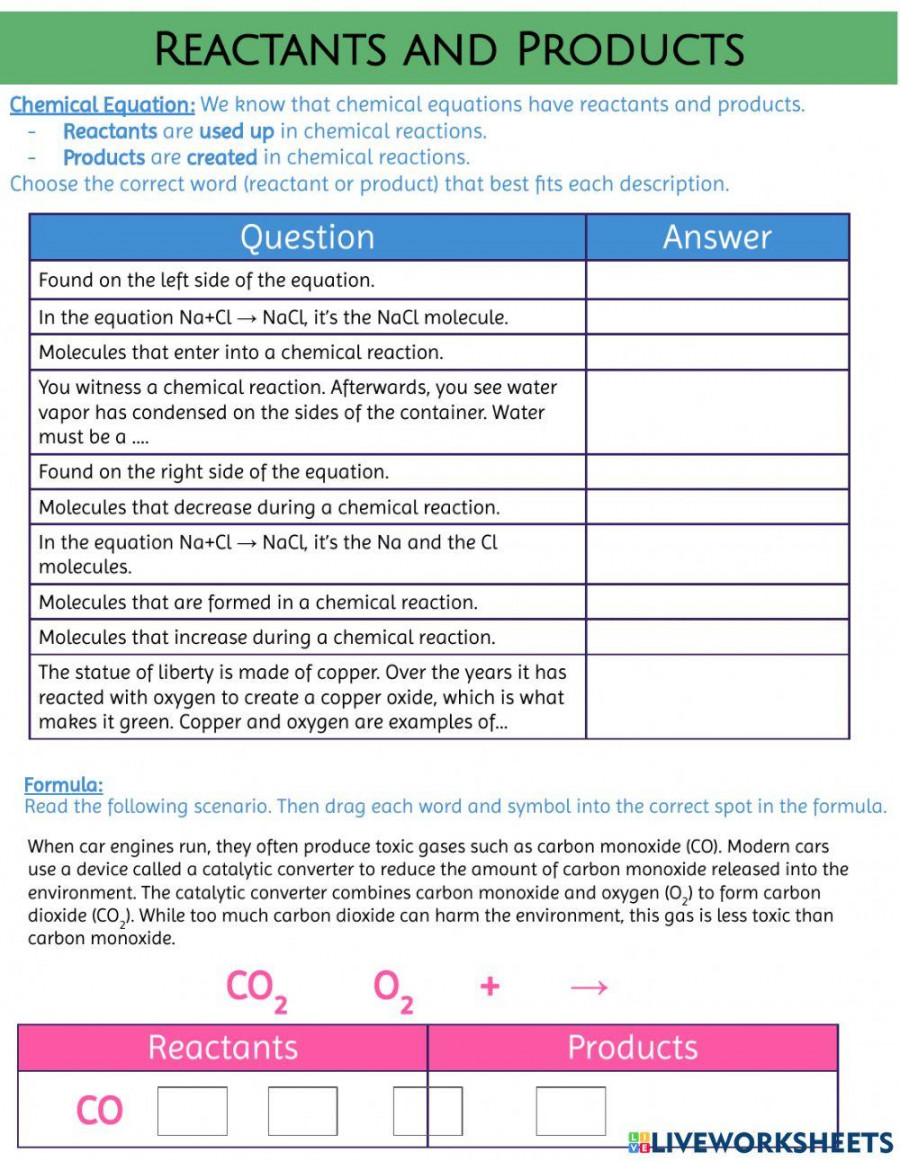 Reactants and Products worksheet  Live Worksheets