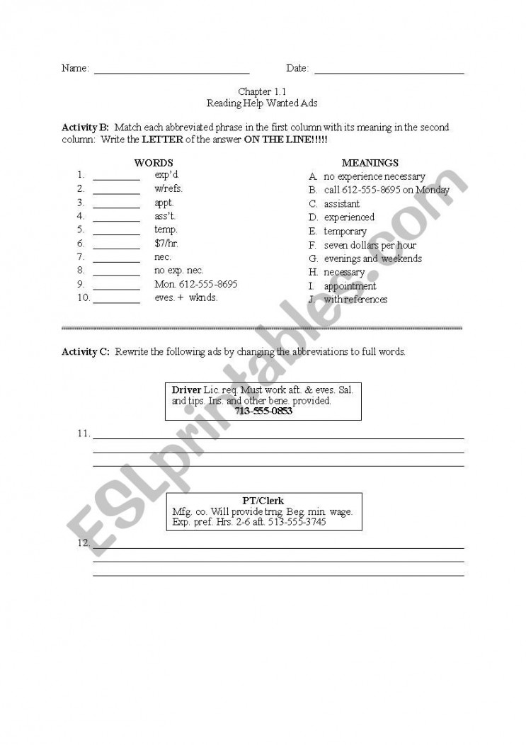 Reading Help-Wanted Ads - ESL worksheet by MAD_