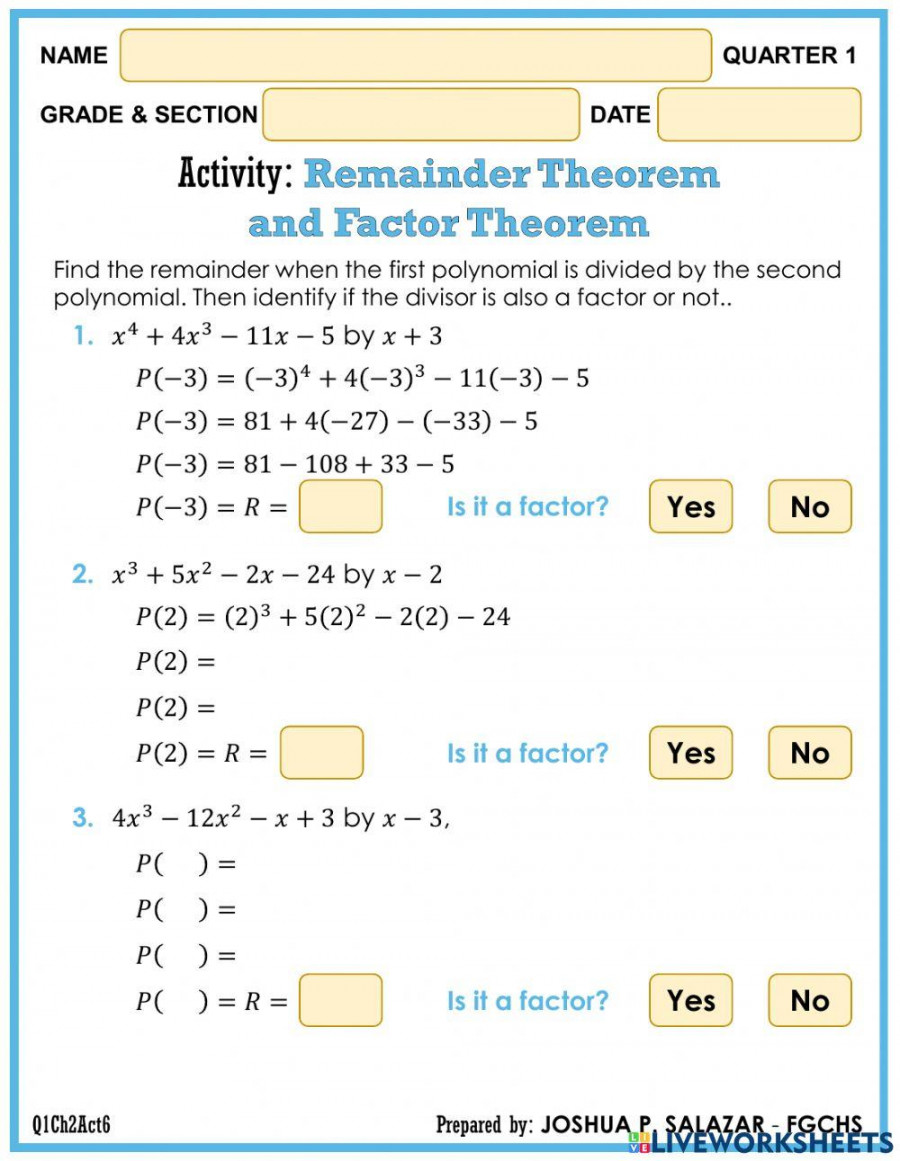 Remainder Theorem and Factor Theorem worksheet  Live Worksheets