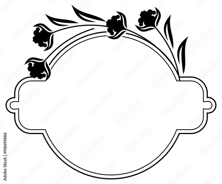 Round label with black and white decorative flowers silhouettes