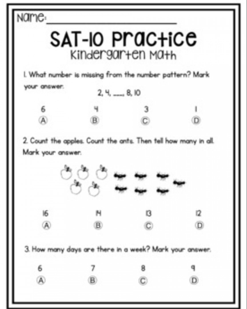 SAT  Kindergarten Test Prep  Math test prep, Kindergarten test