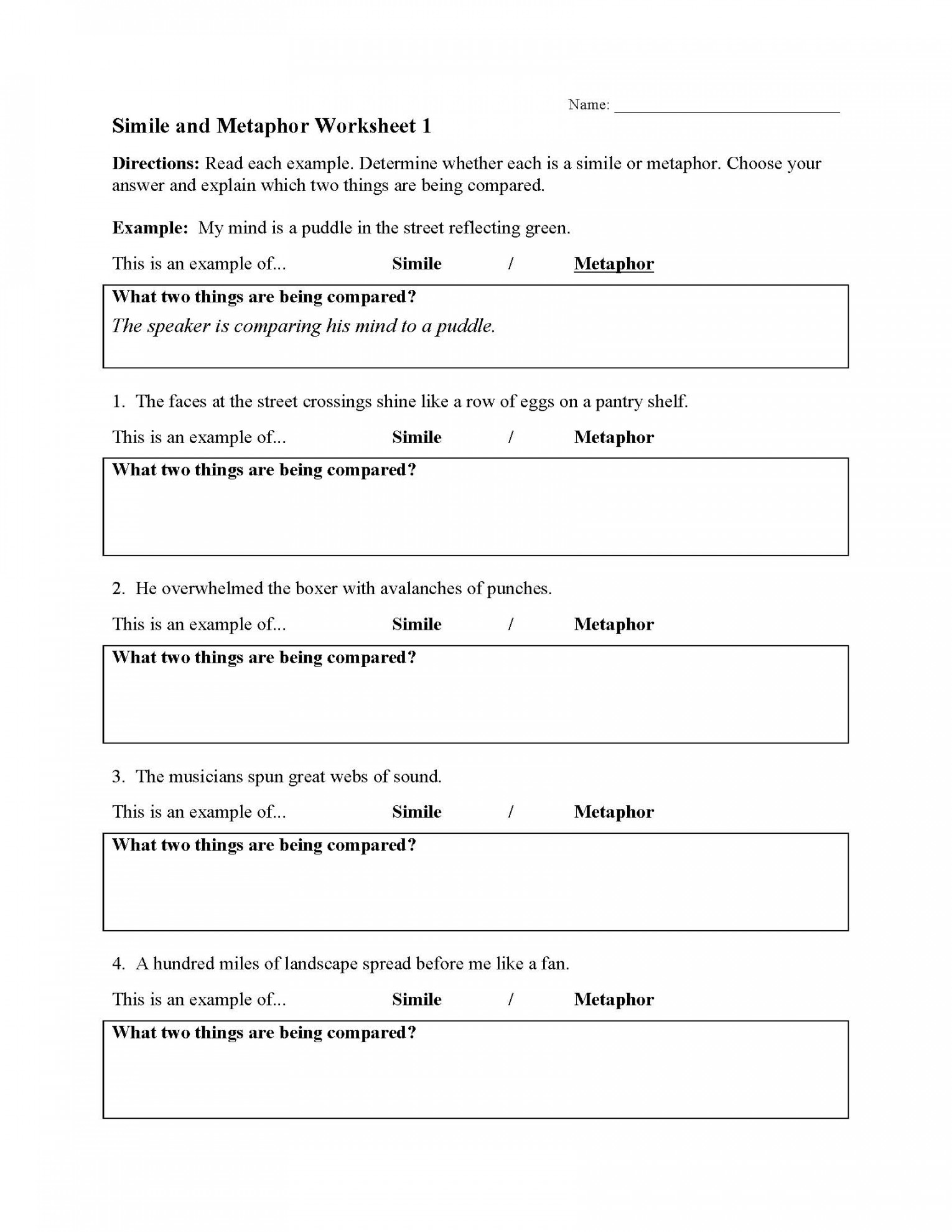 Simile and Metaphor Worksheet   Figurative Language Activity