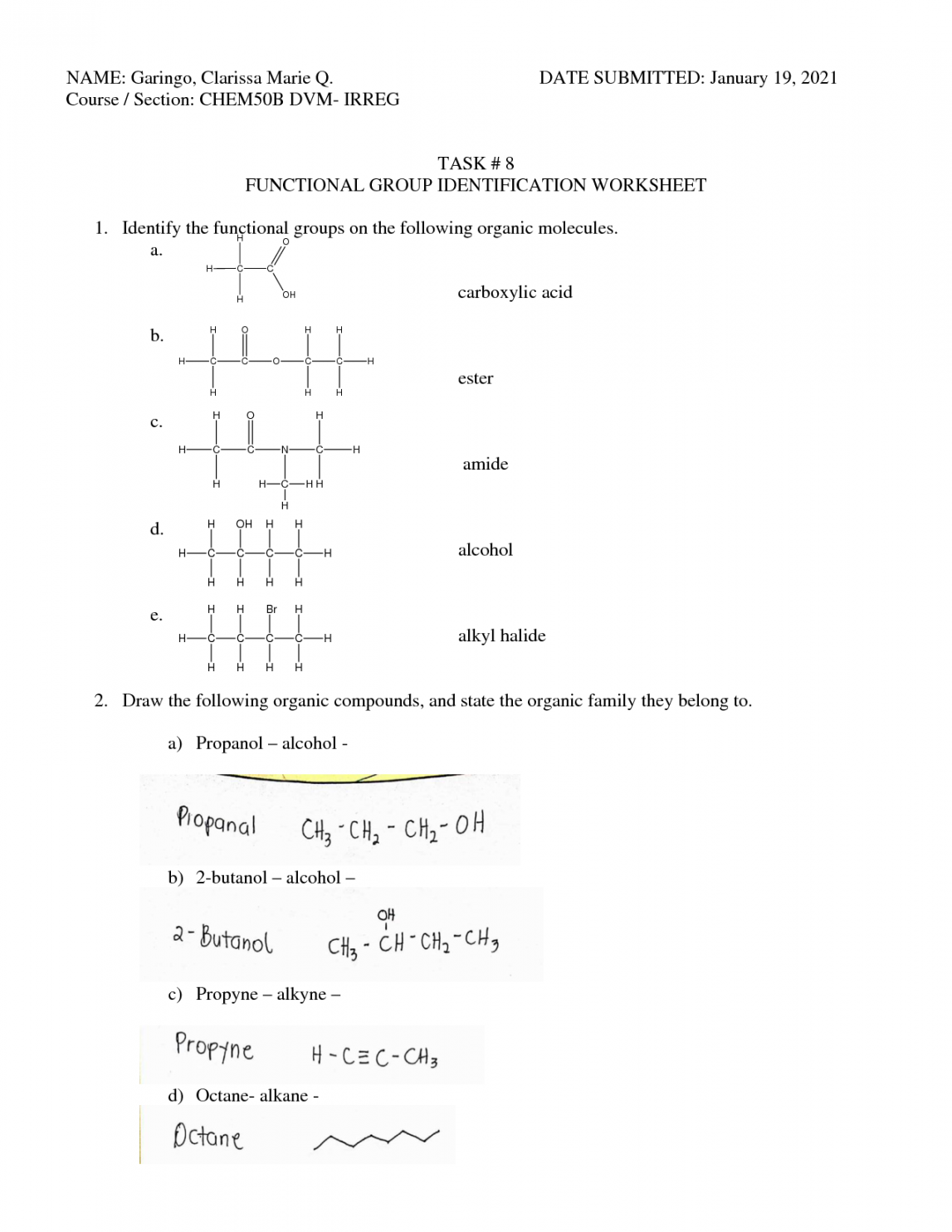 SOLUTION: CHEM B Functional Group Identification Worksheet