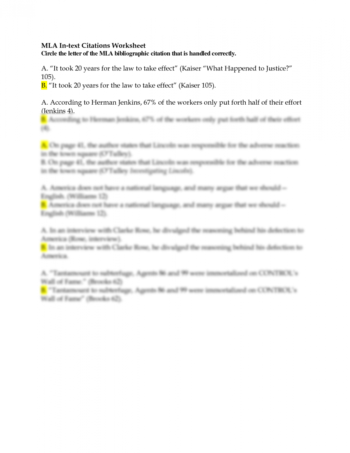 SOLUTION: Mla In Text Citations Worksheet - Studypool