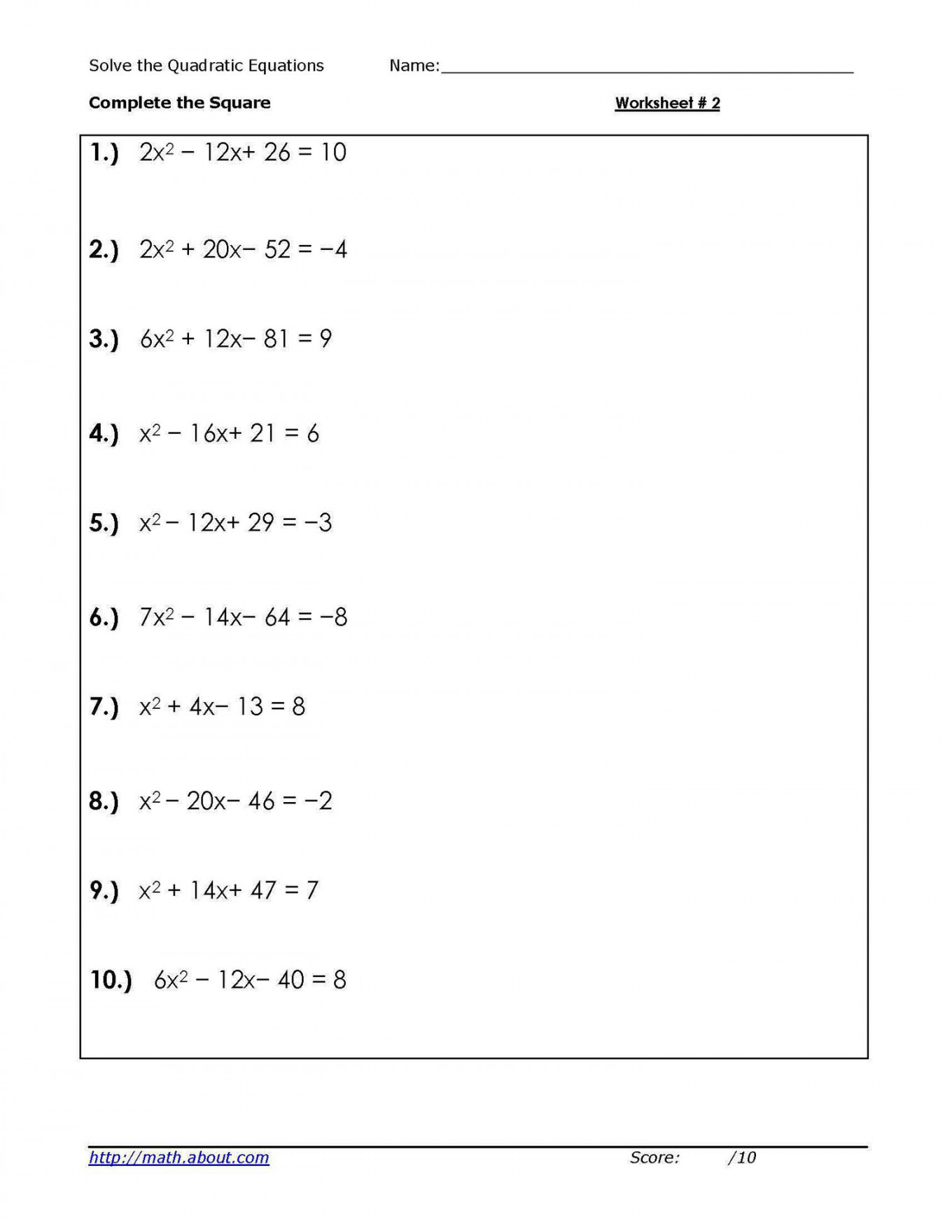 Solve Quadratic Equations by Competing the Square Worksheets