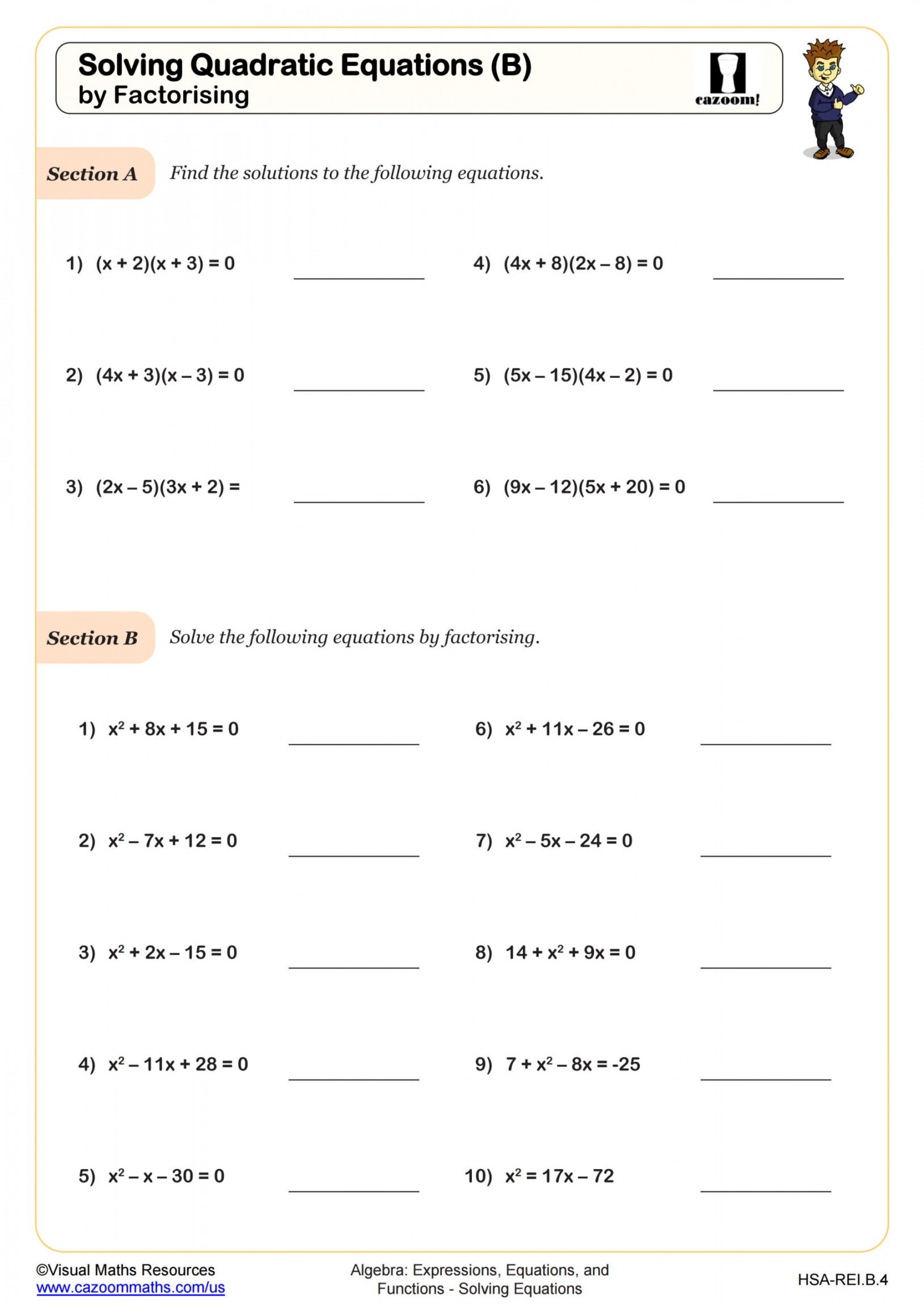 Solving Quadratic Equations (B) - By Factoring Worksheet  Algebra