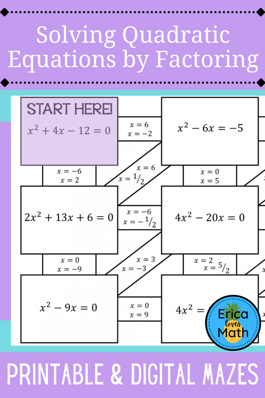 Solving Quadratic Equations by Factoring Activity Printable