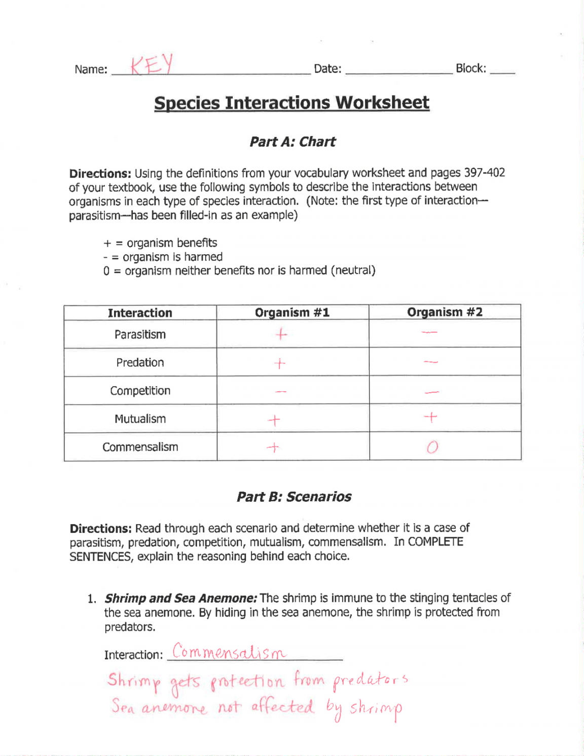 Species Interactions Worksheet with Key  Exercises Ecology and