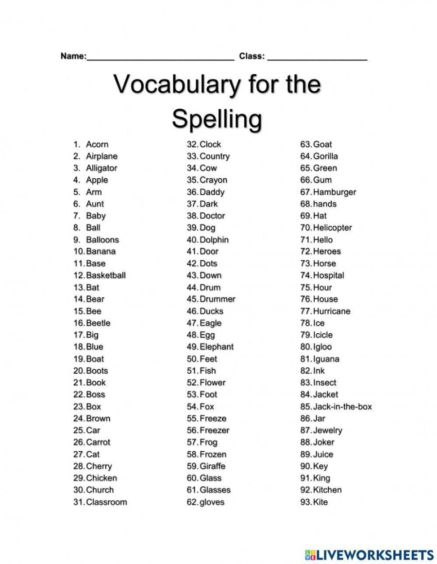 Spelling Bee Words interactive worksheet  Live Worksheets