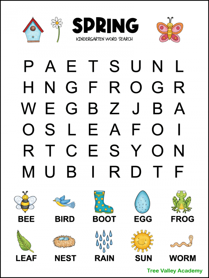 Spring Word Search for Kindergarten - Tree Valley Academy