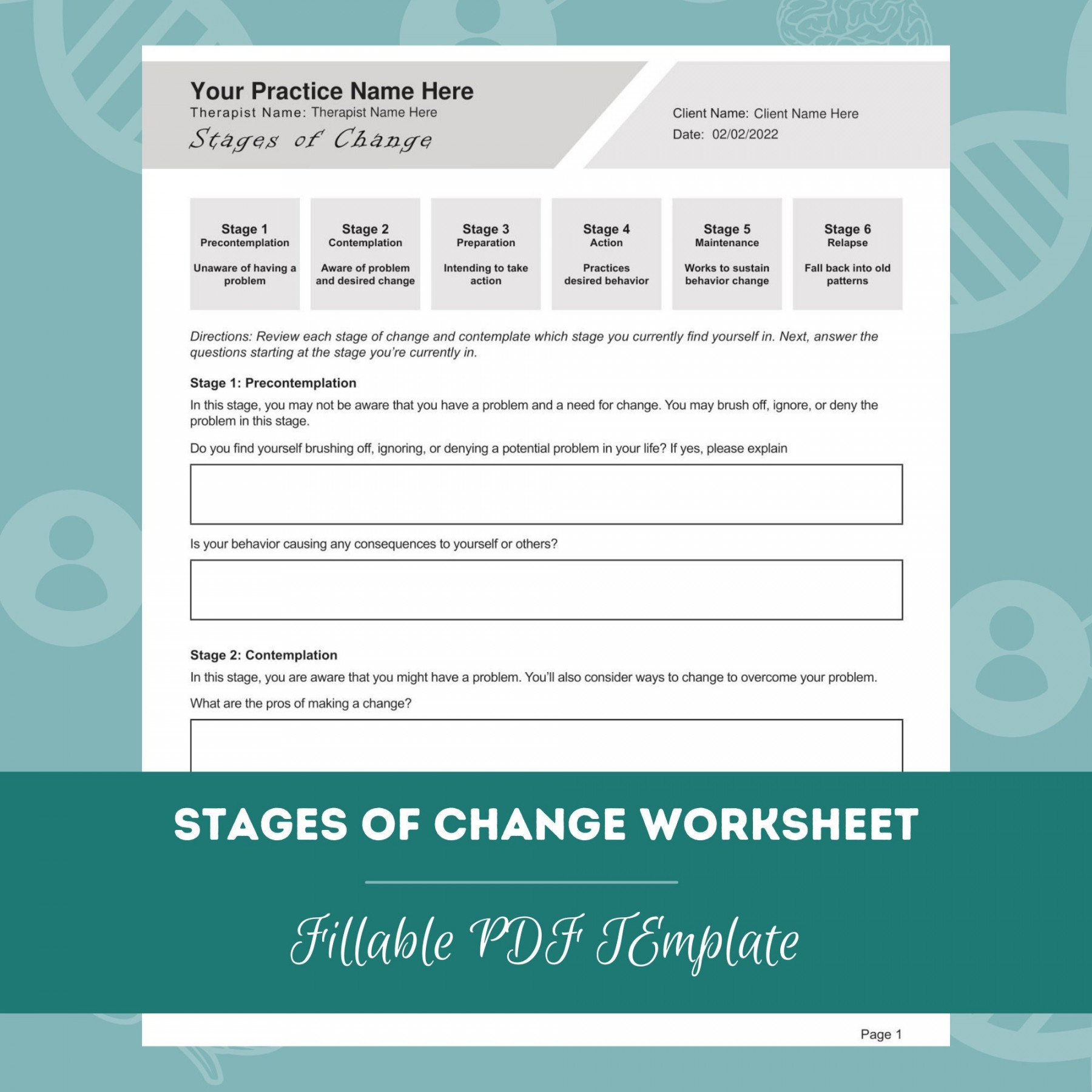 Stages of Change Worksheet Editable / Fillable PDF Template for