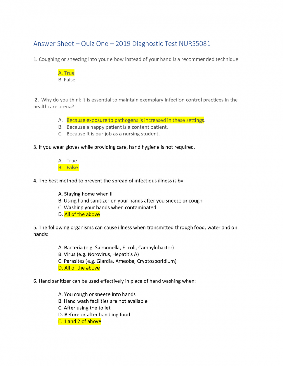 Student Answer Quiz  Infection Control- - Answer Sheet – Quiz