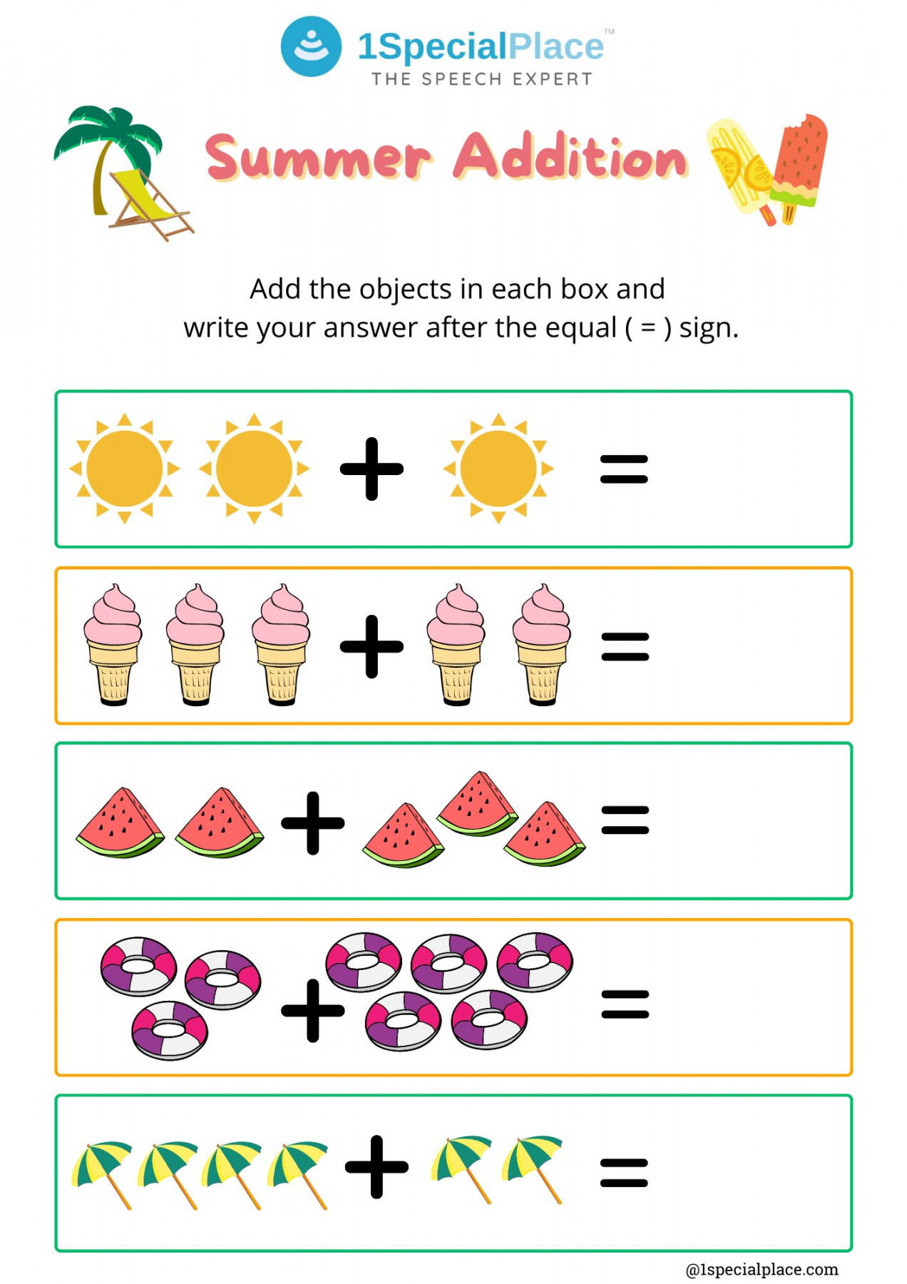 Summer Easy Math worksheets - SpecialPlace