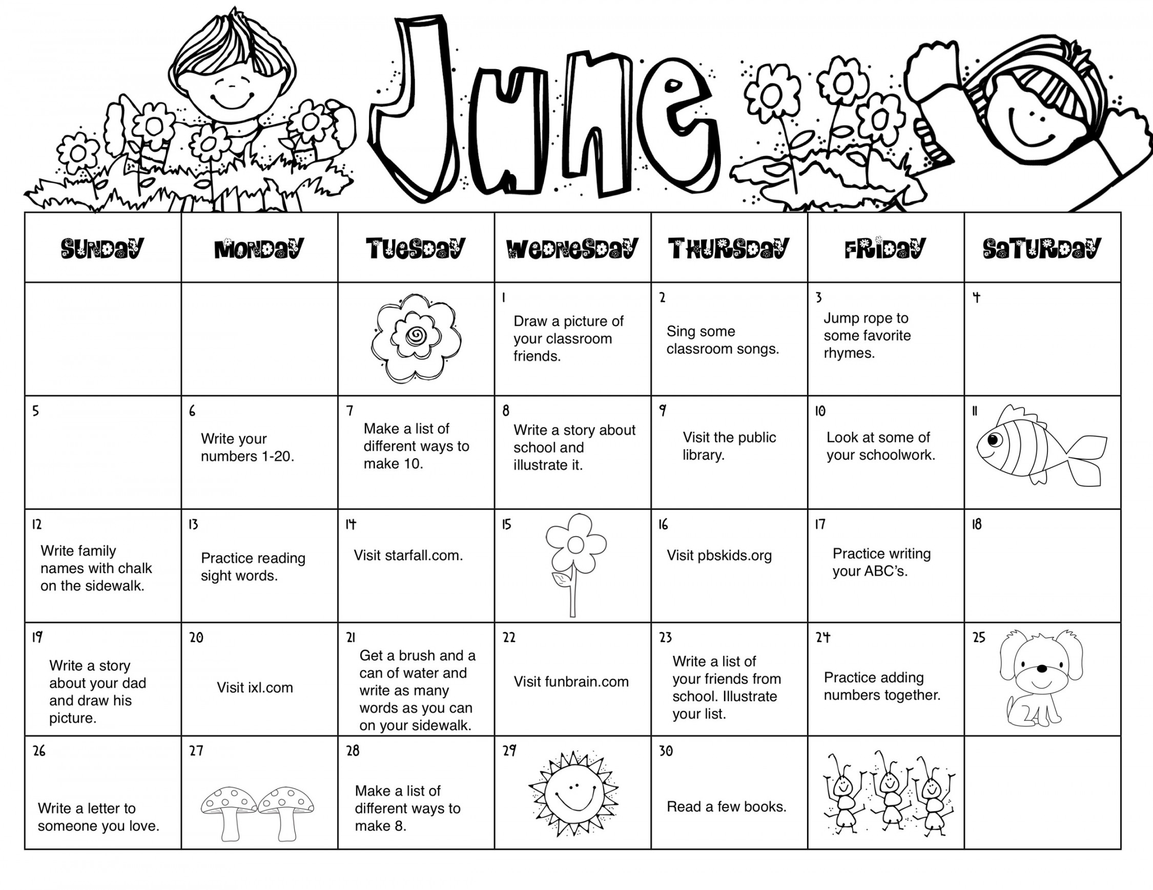 Summer Homework Calendar — Kindergarten Kiosk