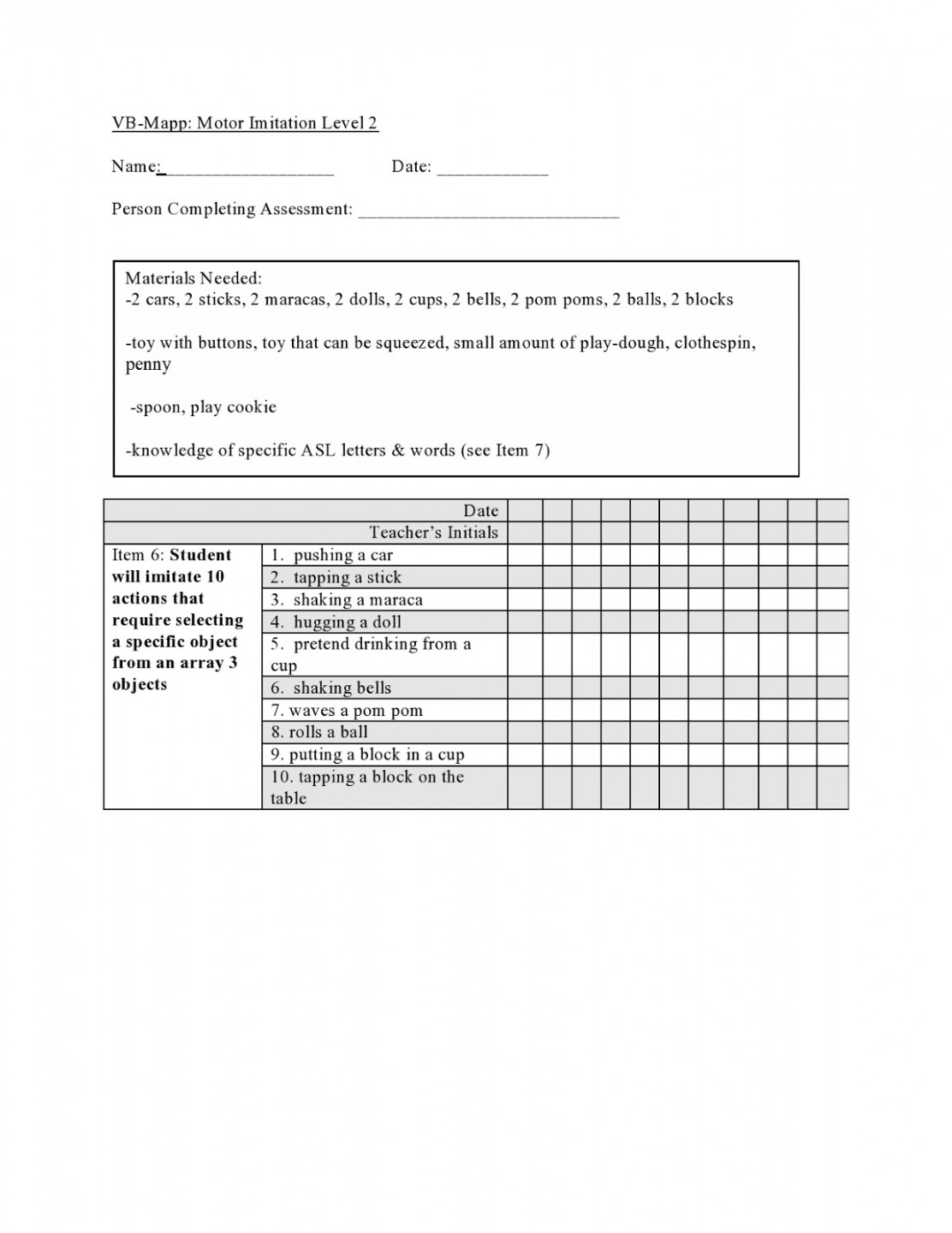 Teach Early Autism: Imitation Level  - VB-MAPP Data Sheets!