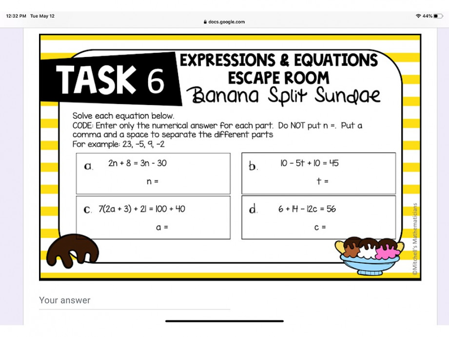 th Grade Expressions and Equations Escape Room: Task  (Updated