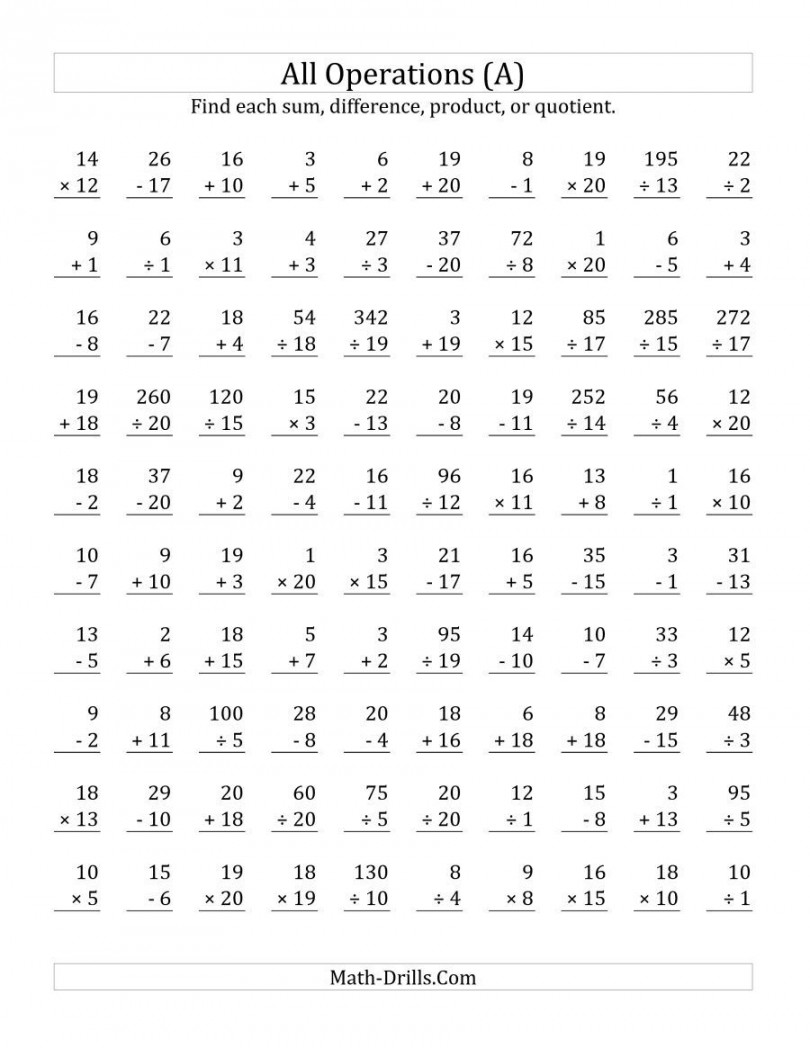 The All Operations with Facts From  to  (A) math worksheet from