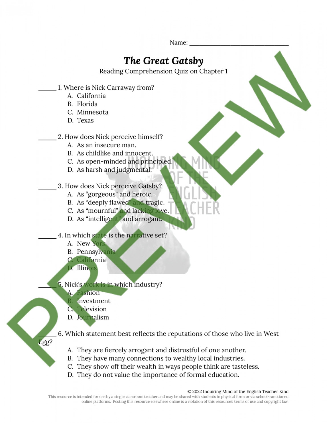 The Great Gatsby Chapter  Quiz and Answer Key