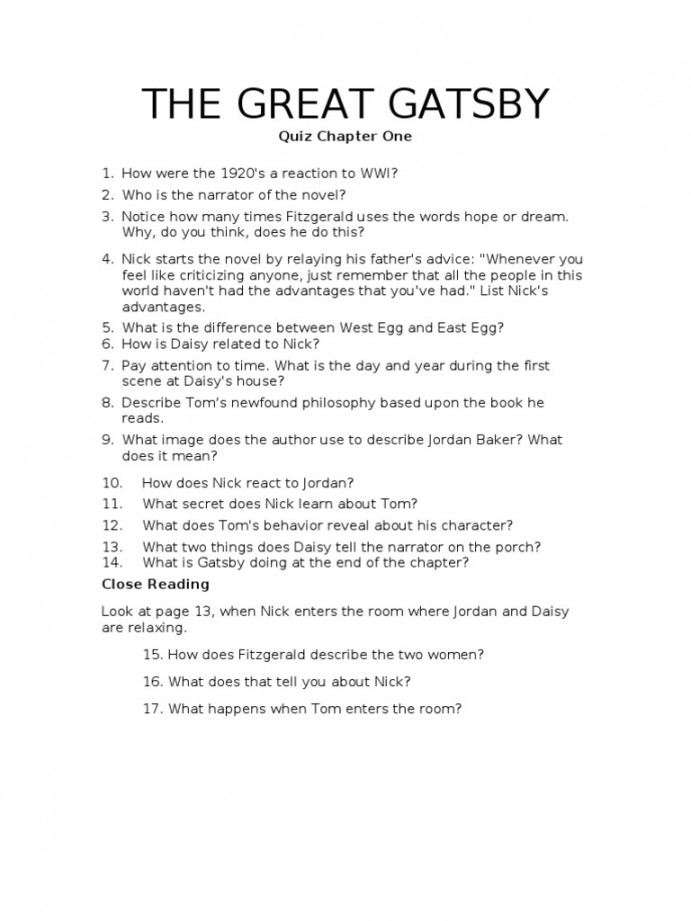 The Great Gatsby Chapter Quizzes  PDF  The Great Gatsby