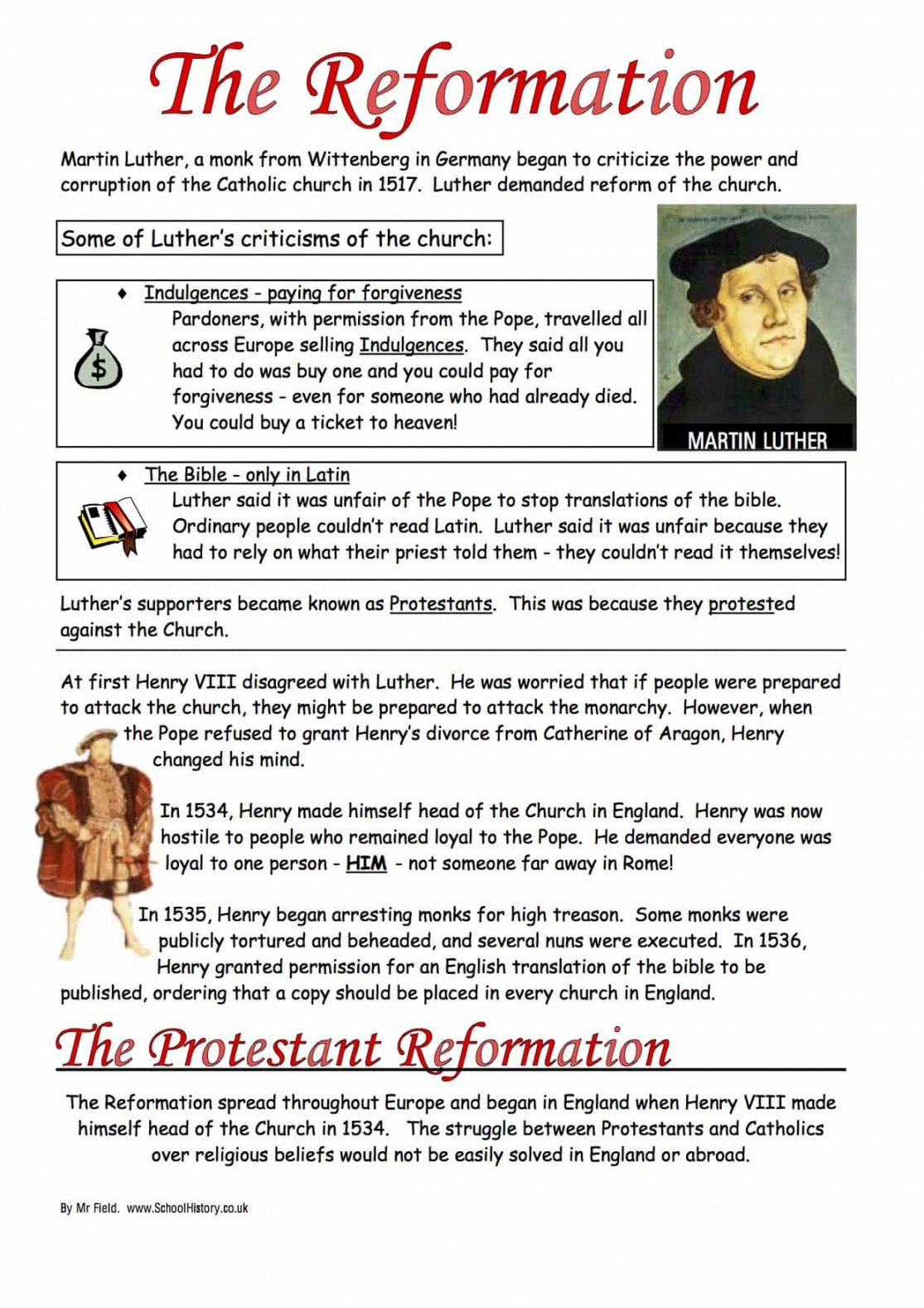 The Protestant Reformation Worksheet  Year  Study Guide