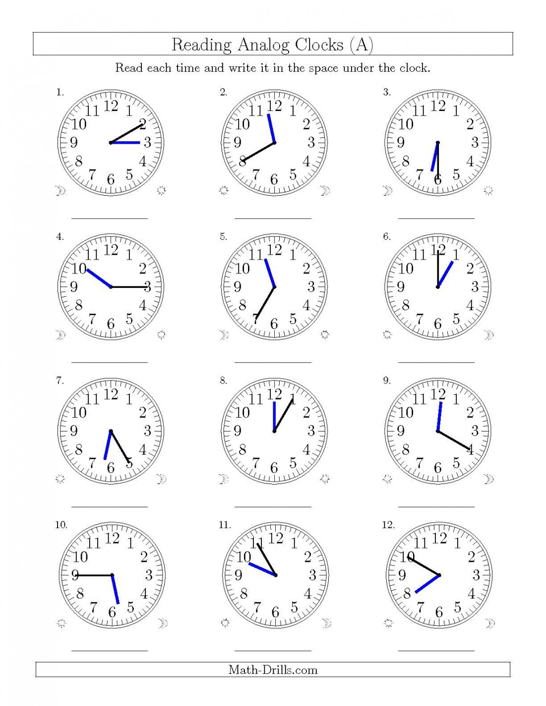 The Reading Time on  Hour Analog Clocks in  Minute Intervals (A