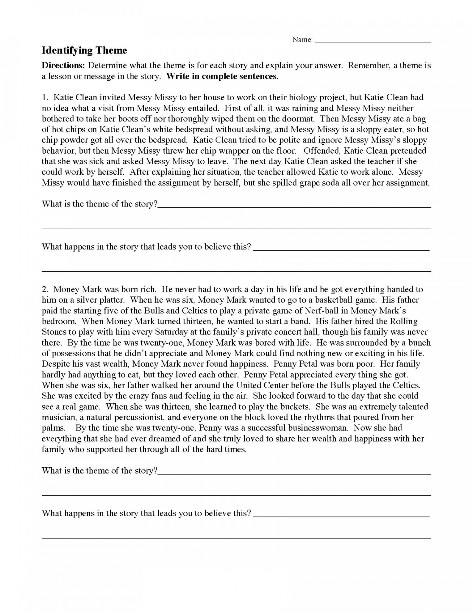 Theme Worksheet   Reading Activity