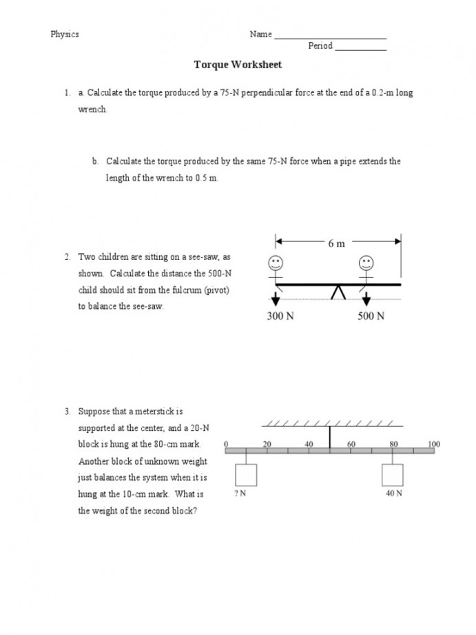 Torque Worksheet: Calculating Torque, Force, Mass, and Distance in