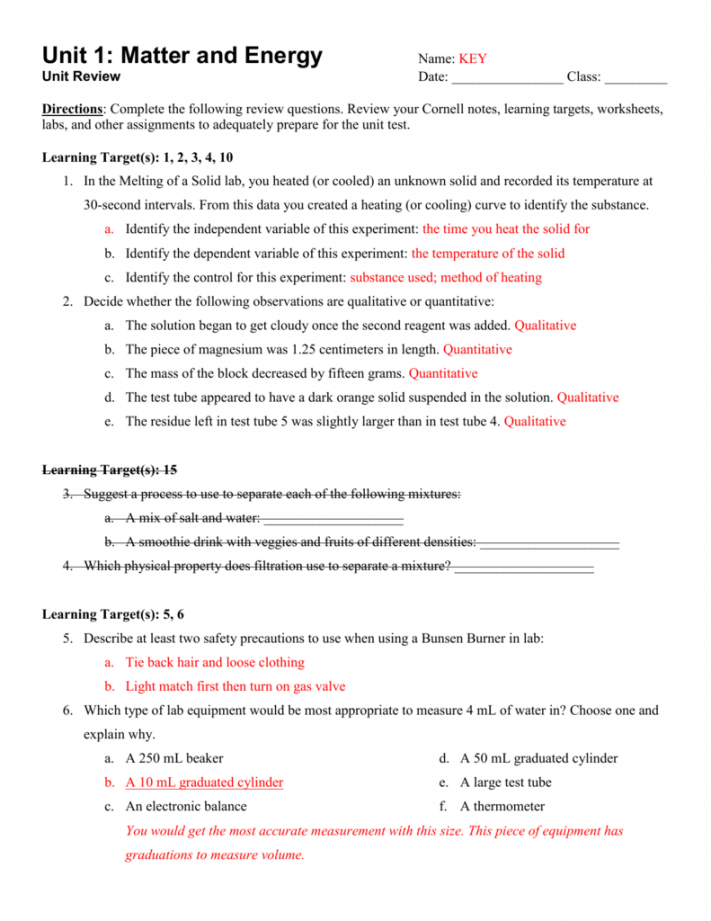 Unit  Matter and Energy Review WS ANSWERS