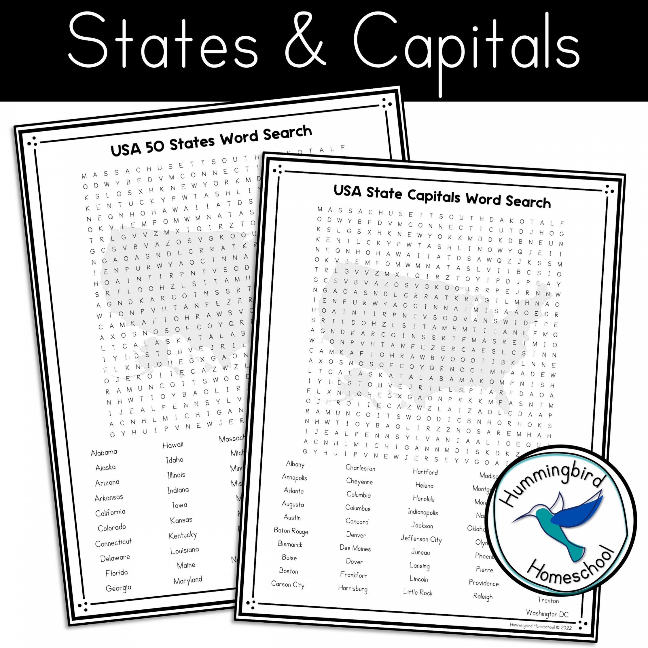 USA  States Word Search PDFs  Hummingbird Homeschool