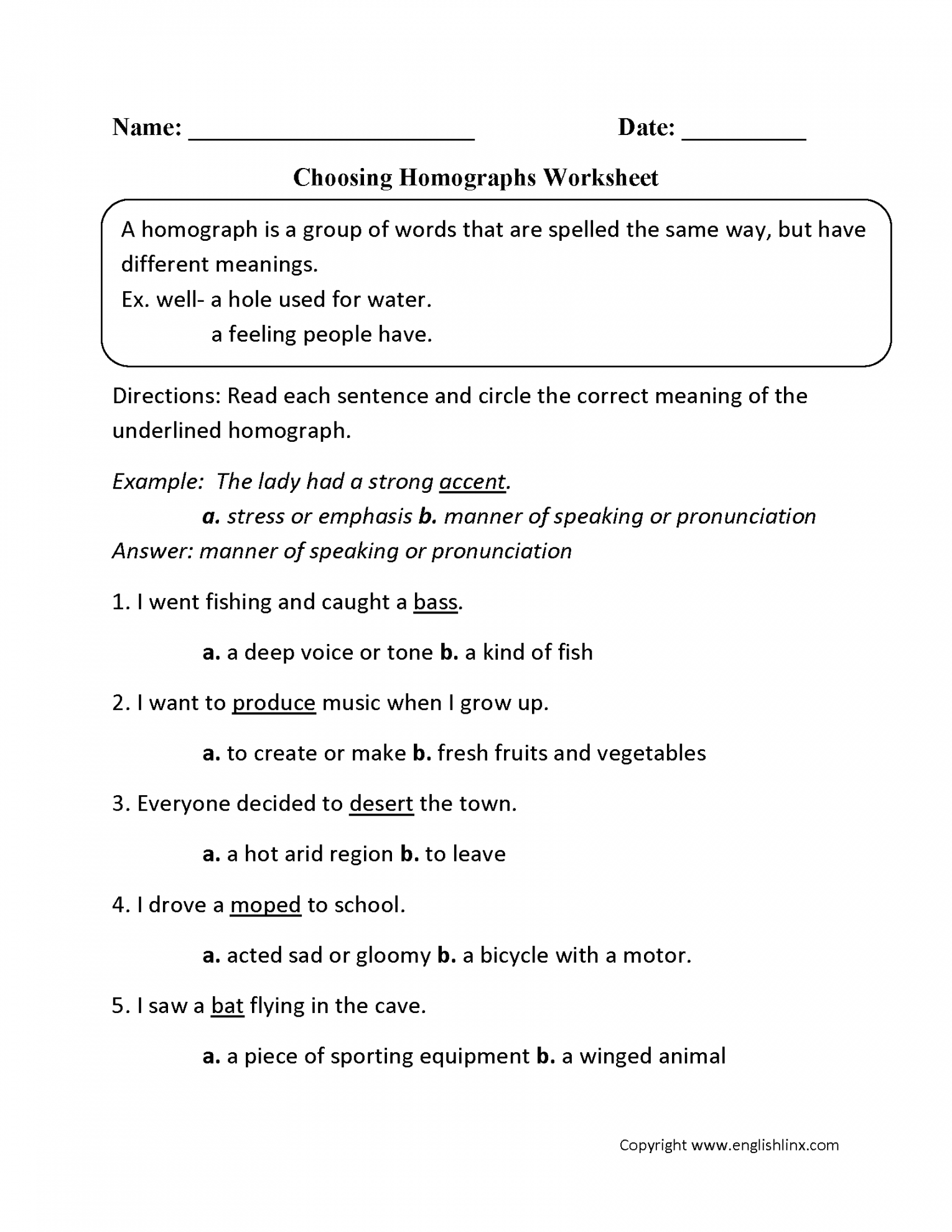 Vocabulary Worksheets  Homograph Worksheets