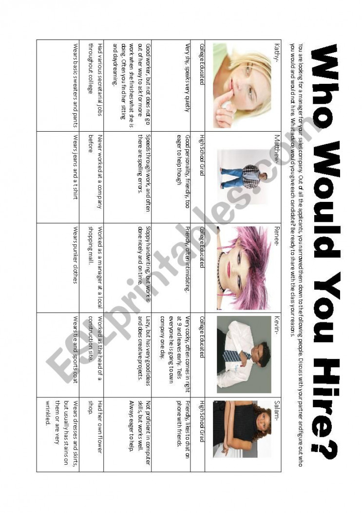 Who Would You Hire? - ESL worksheet by American Teacher