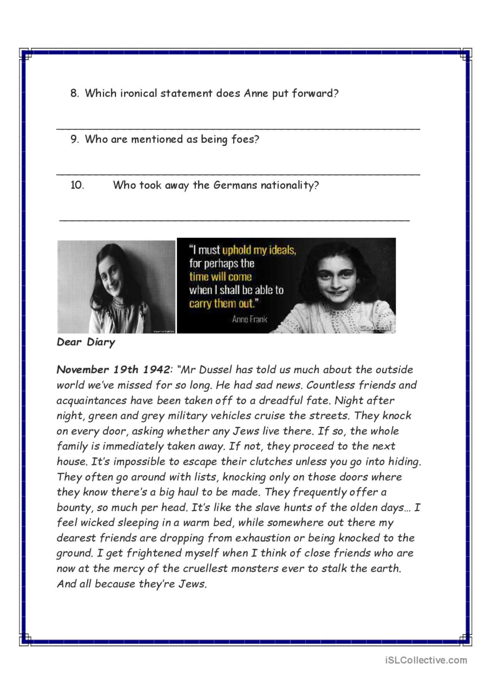 Diary Of Anne Frank Worksheets 59