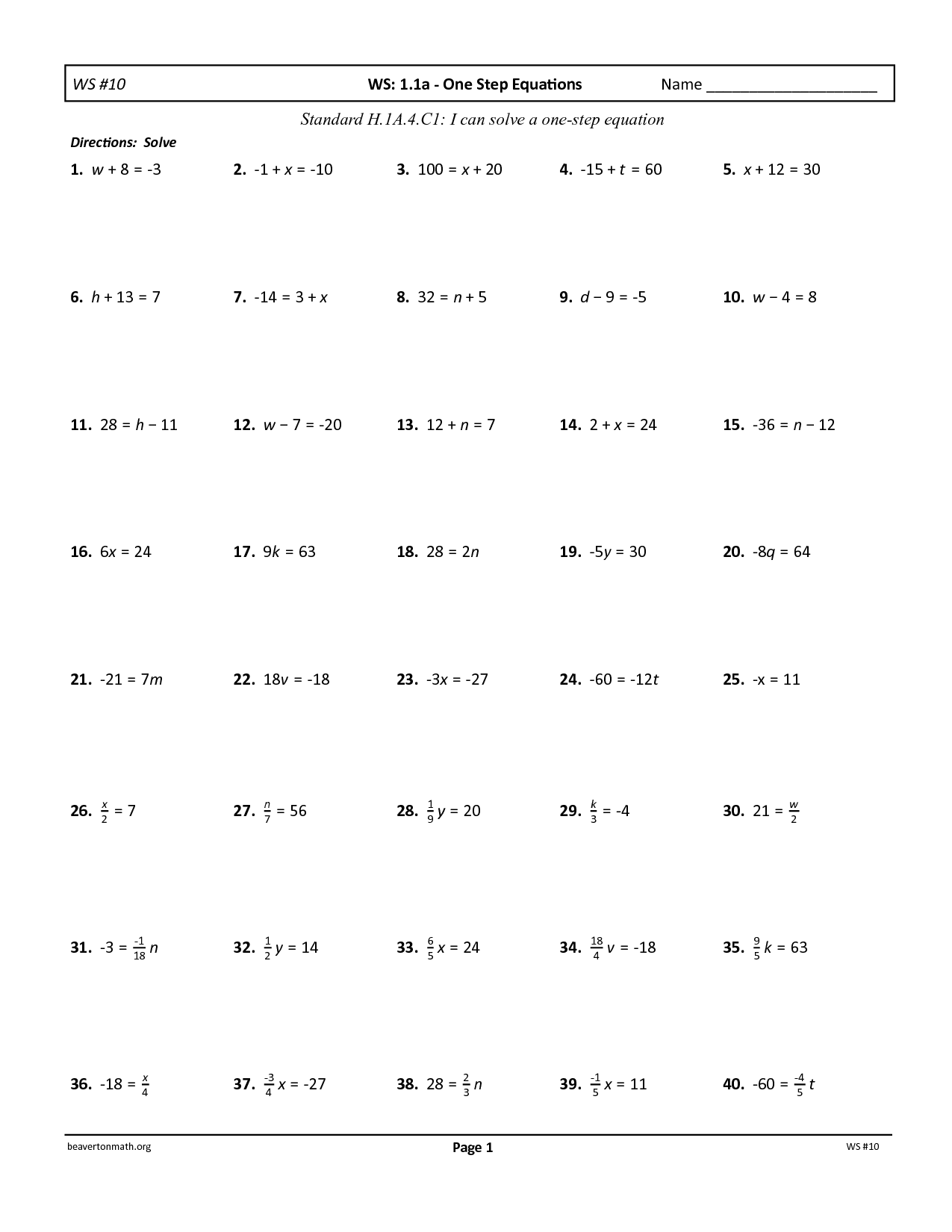 34 Fresh One Step Equations Worksheet 17