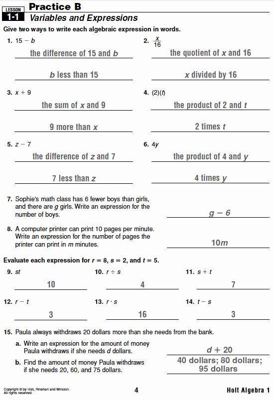 50 Printable Algebra 1 Worksheets 40
