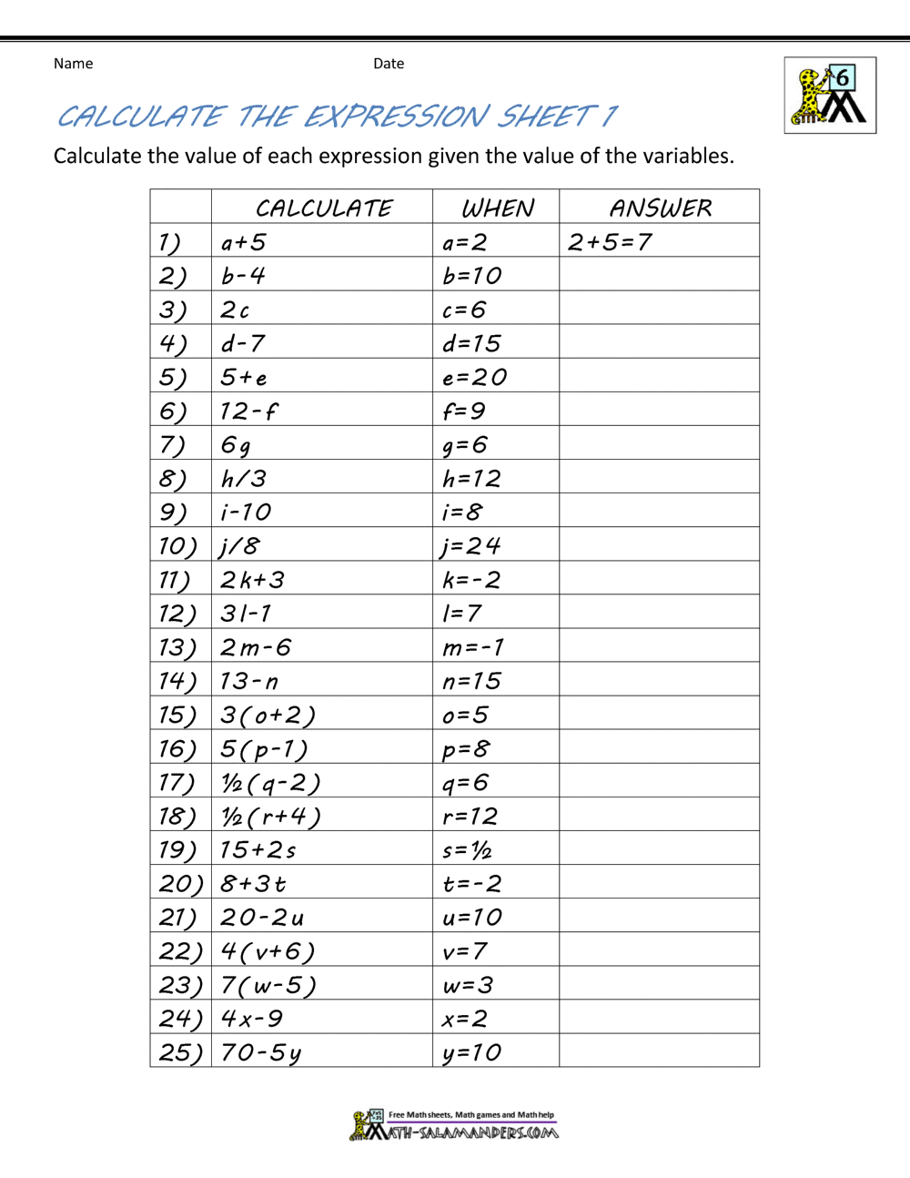 50 Printable Algebra 1 Worksheets 56