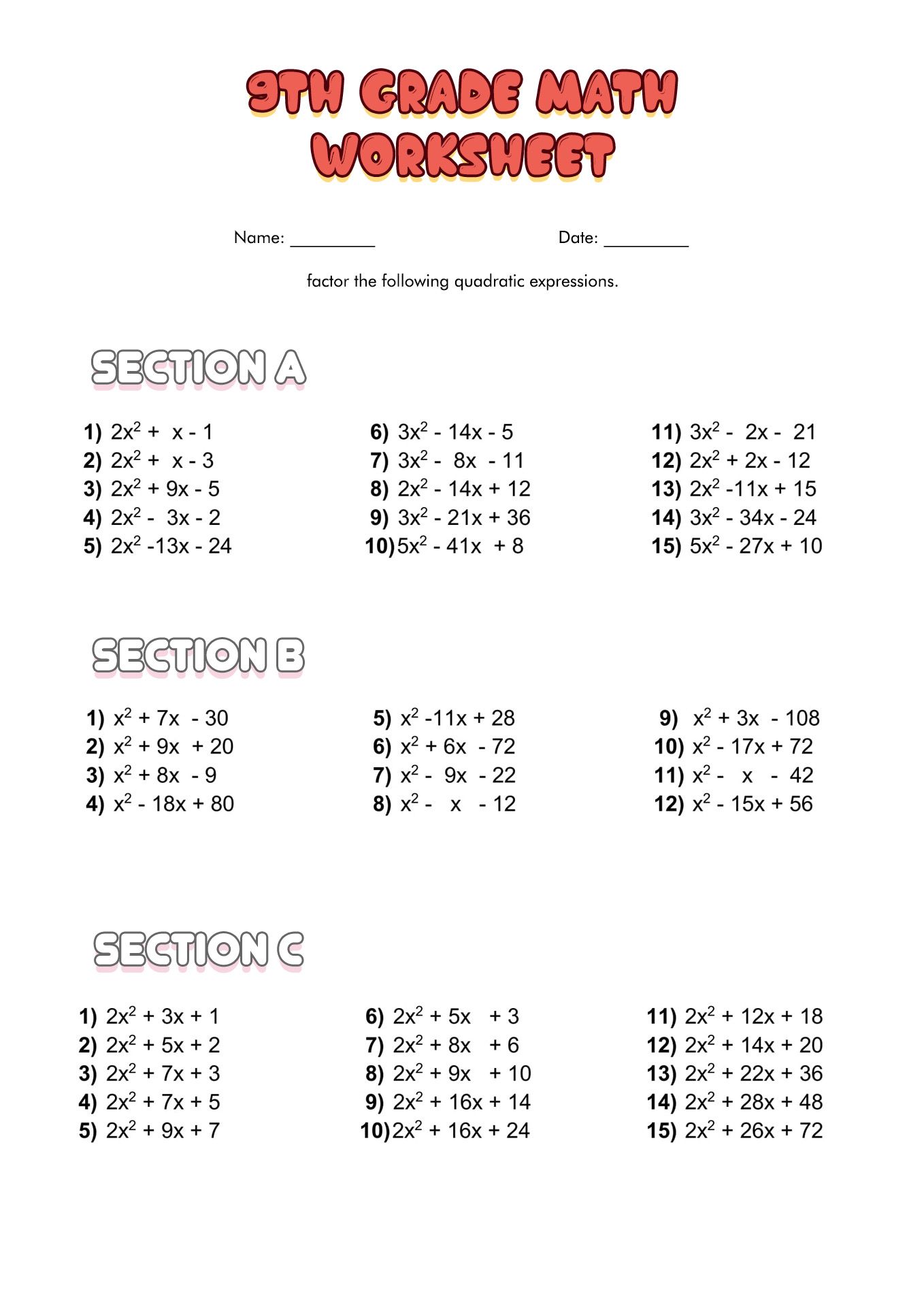 25 Algebra Equations 9th Grade
