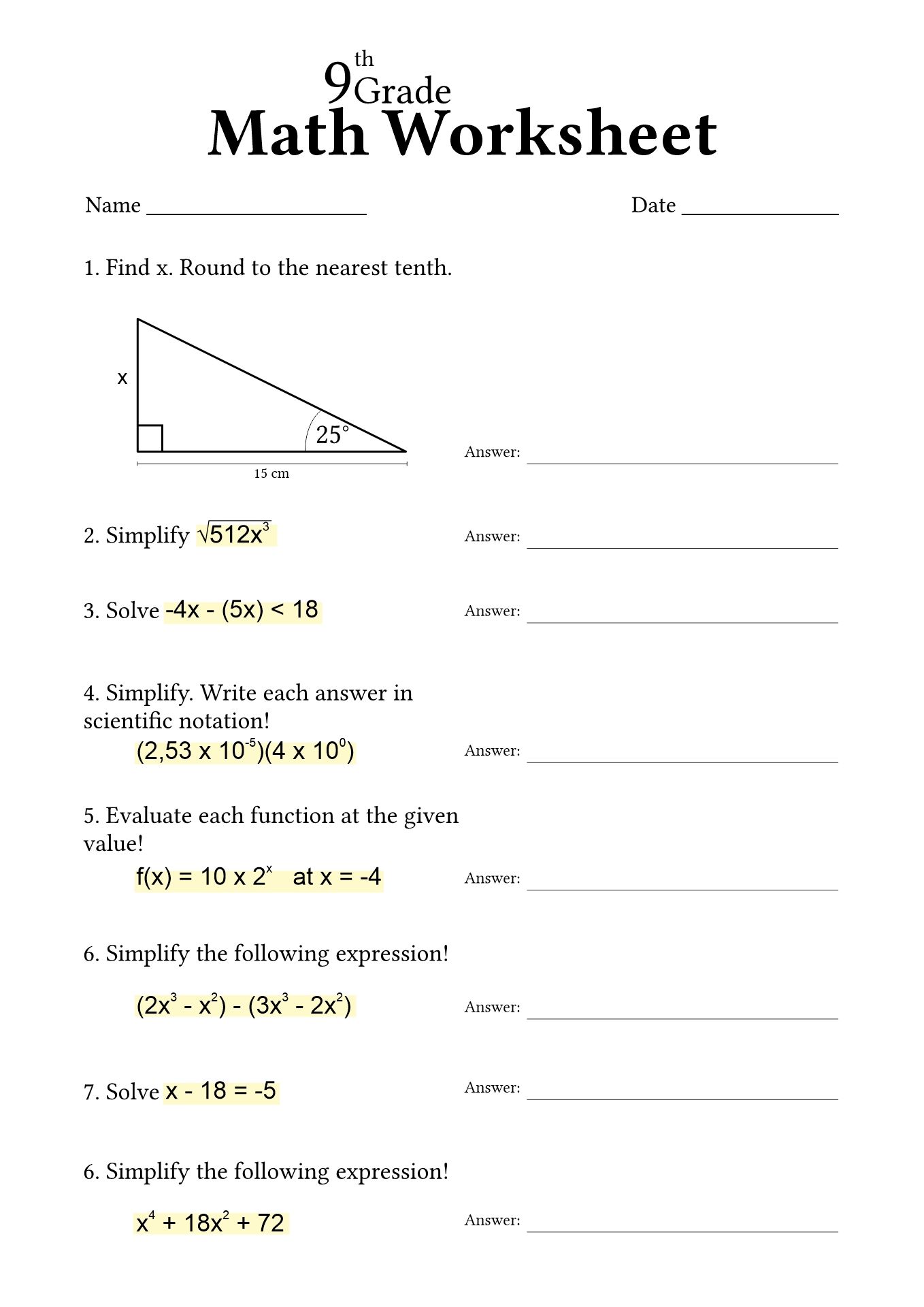 30 Free Printable Math Worksheets 9th Grade