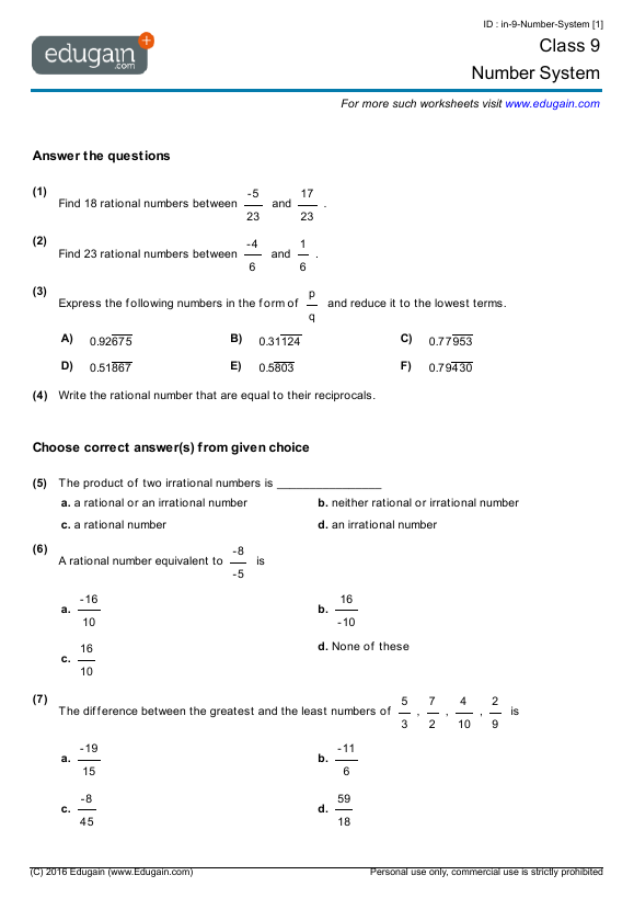 35 Algebra Exercises Ninth Grade
